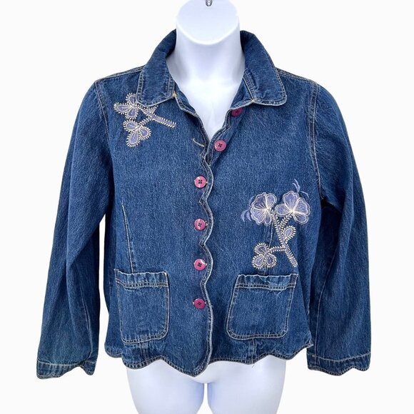 KEREN hart Jackets & Blazers - VTG KEREN HART SCALLOPED EDGE EMBROIDERED FLORAL BLUE DENIM JEAN JACKET - L